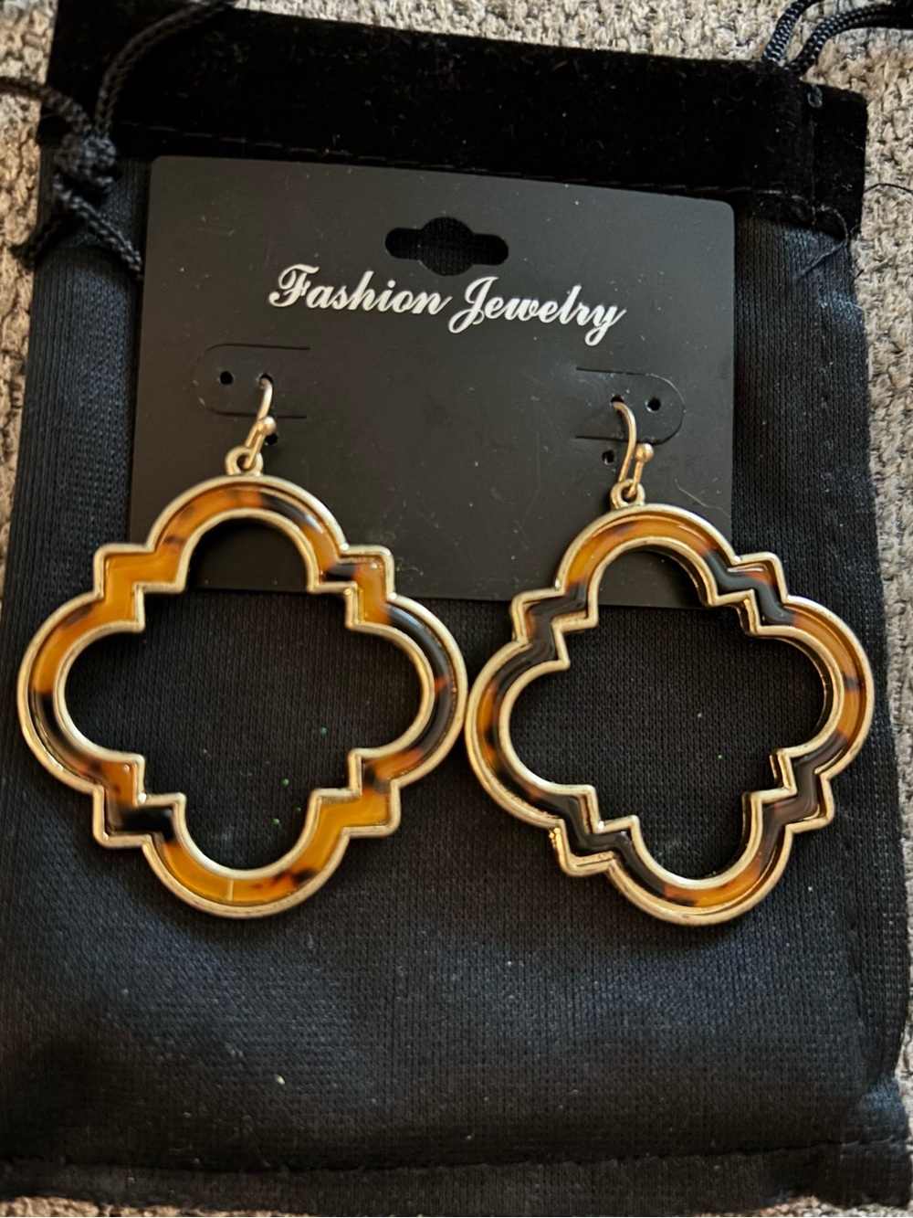 Fashion Jewelry Gold-Tone Tortoise Shell Quatrefoil Drop Earrings
